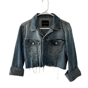 Sisley Blue Cropped Denim Jacket Size S Cuffed Sleeves Classic Americana